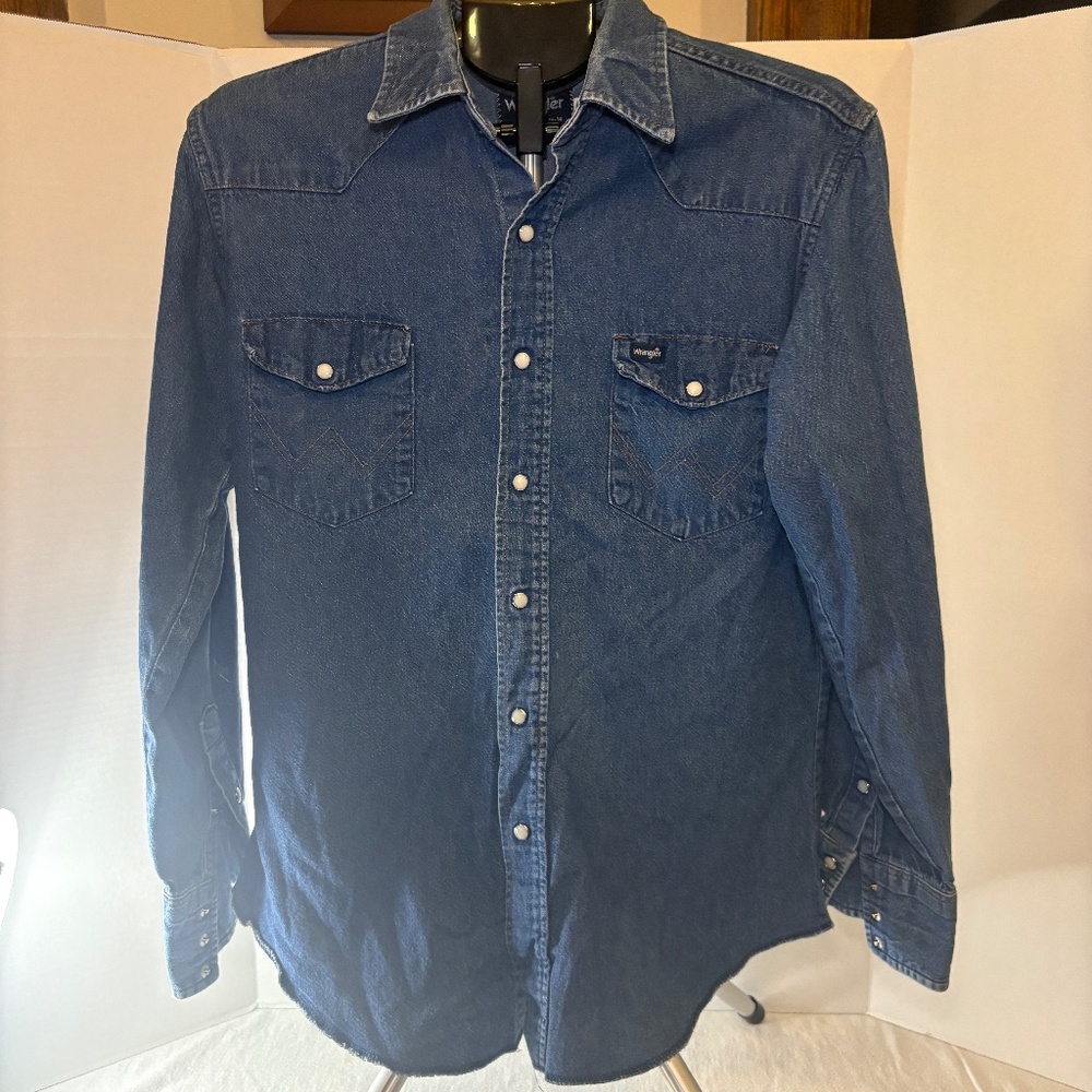 Vintage Wrangler Shirt Mens L 16-34 Denim Pearl Snap Western Work 90s Cowboy